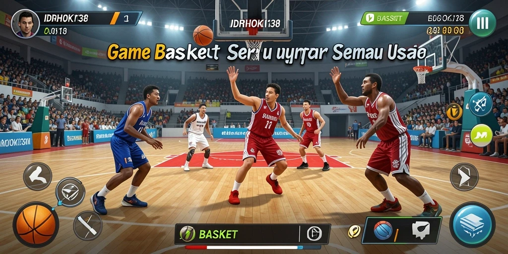 Tampilan antarmuka menarik dengan pemain basket beraksi.
