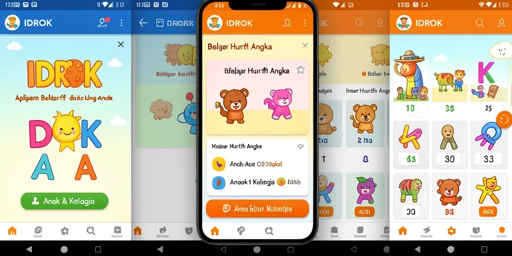 Tampilan antarmuka aplikasi IDROK untuk belajar huruf dan angka.